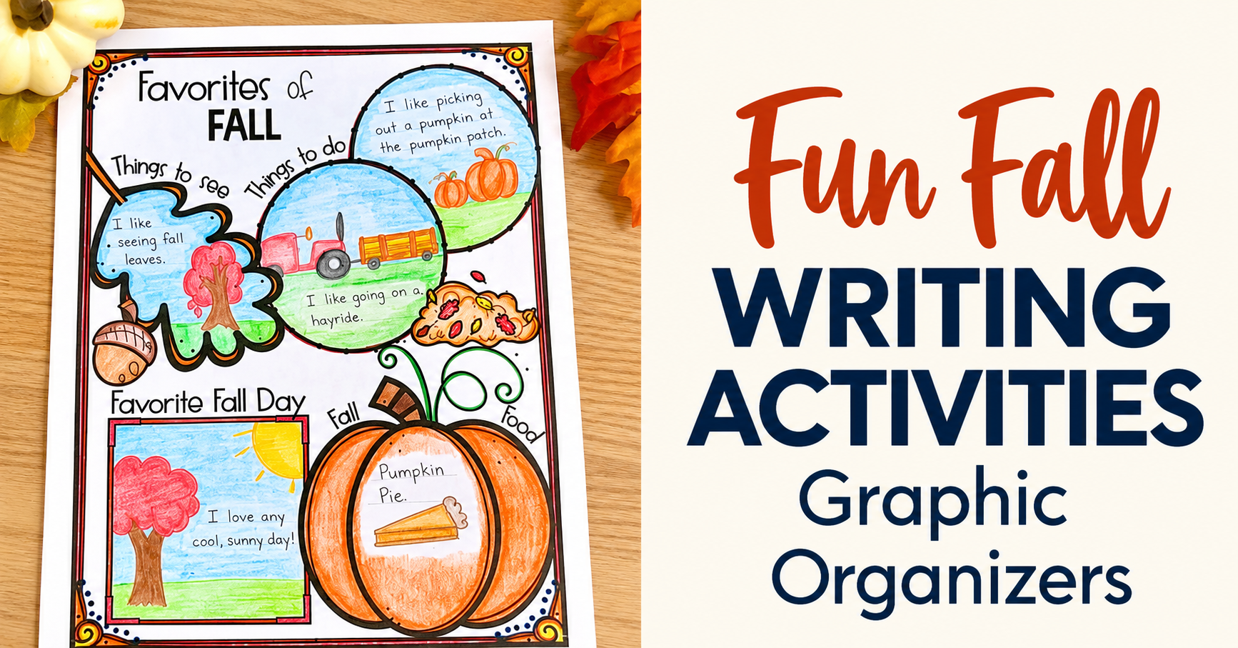 Fun fall writing activities for upper elementary students including graphic organizers, flipbooks, and creative writing